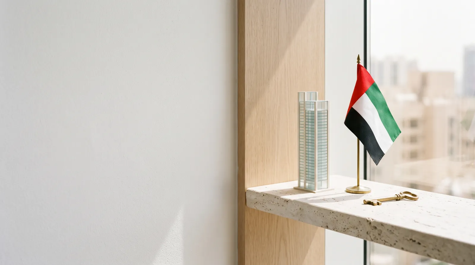 A pale travertine window shelf with a small glass tower model, a United Arab Emirates flag on a pole and a brass key, in front of a softly blurred city view.